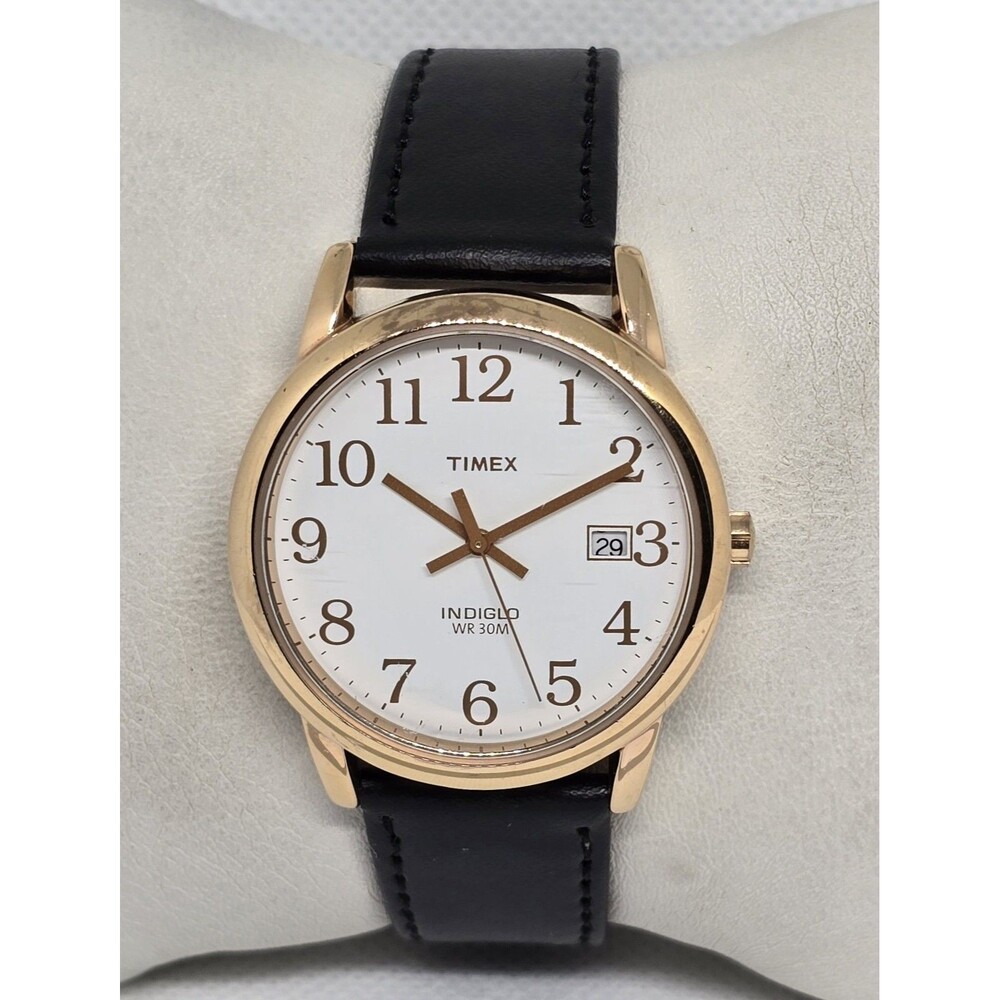 Unisex Timex Indiglo Round Date Rose Gold Tone White Dial Black Leather Watch 13